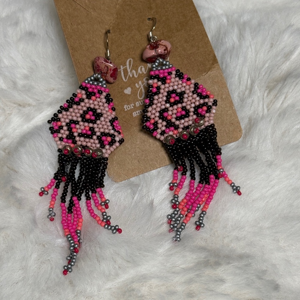 Handmade Pink & Black Leopard Beaded Fringe Earrings - Women Jewelry
